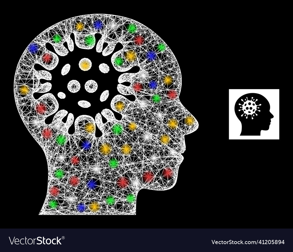 Hatched web mesh brain virus icon with colored vector image Hatched web mesh brain virus icon with colored