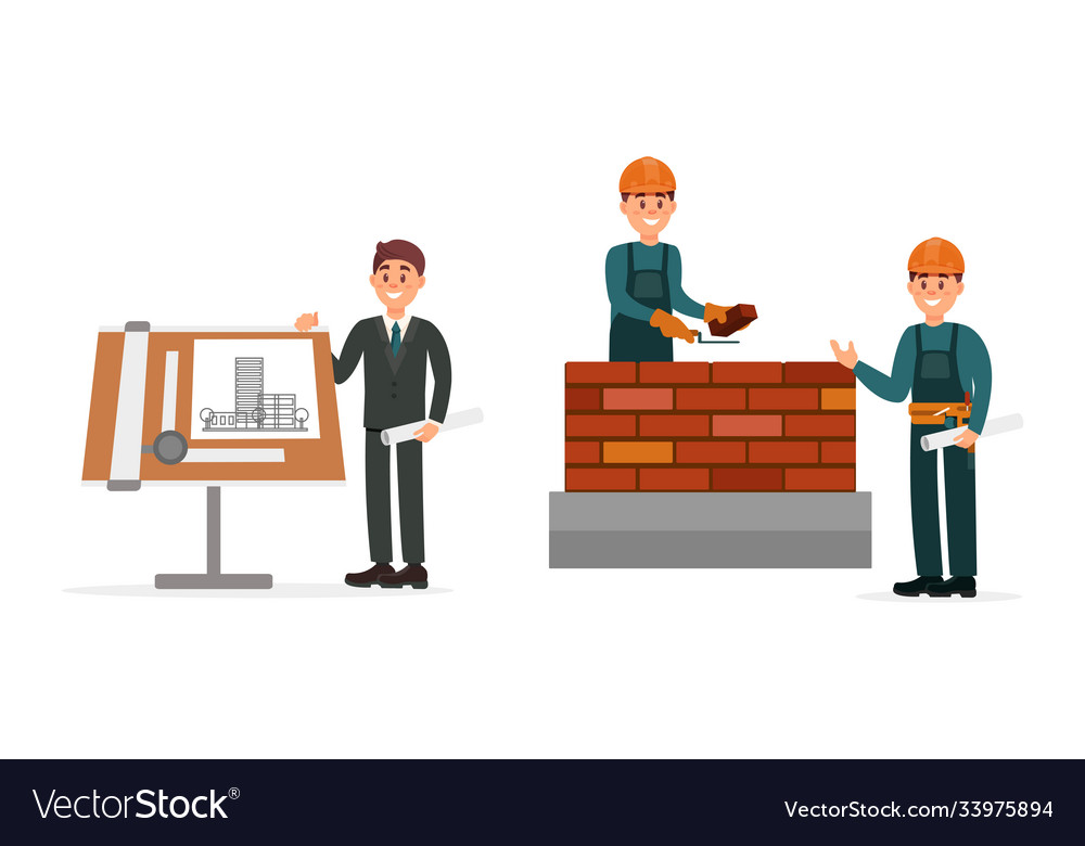 Man engineer presenting building draft and builder vector image Man engineer presenting building draft and builder