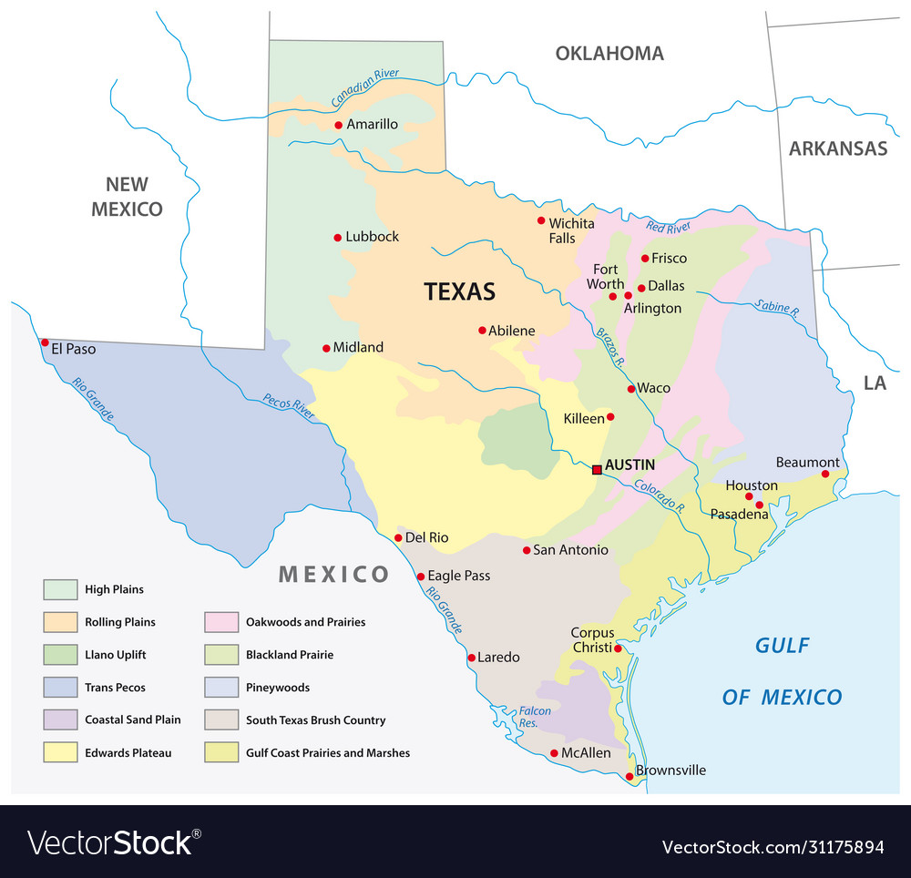 Map physical regions texas Royalty Free Vector Image