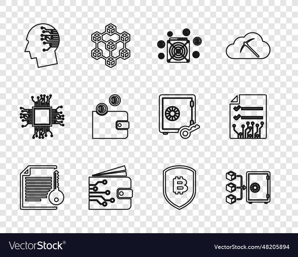 Set line smart contract proof of stake asic miner Vector Image Set line smart contract proof of stake asic miner