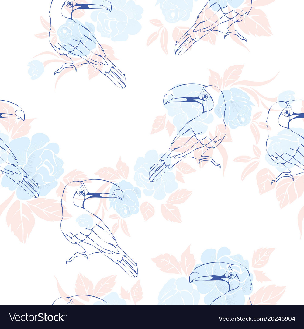 Seamless pattern with hand drawn toucan on white