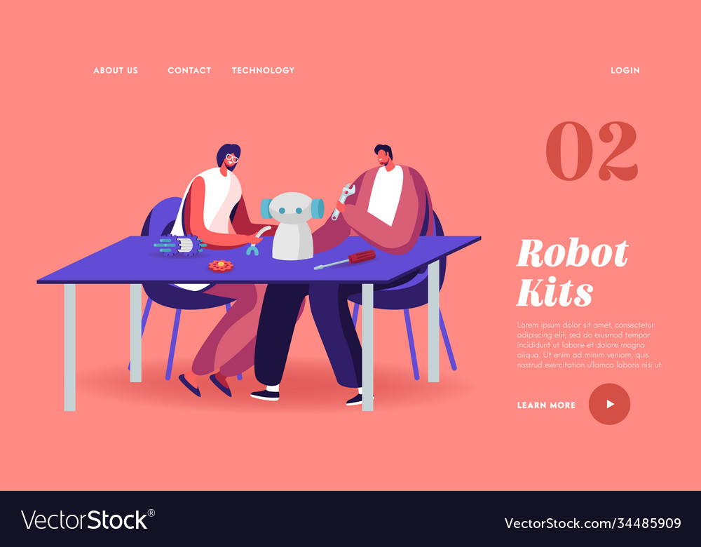 Characters making robot at home landing page vector image Characters making robot at home landing page