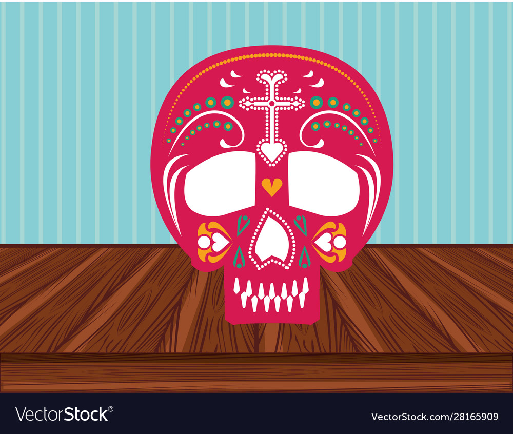 Mexican skull mask culture in wooden table