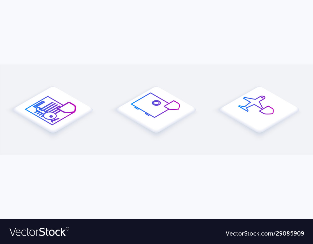 Set isometric line document with key shield vector image Set isometric line document with key shield