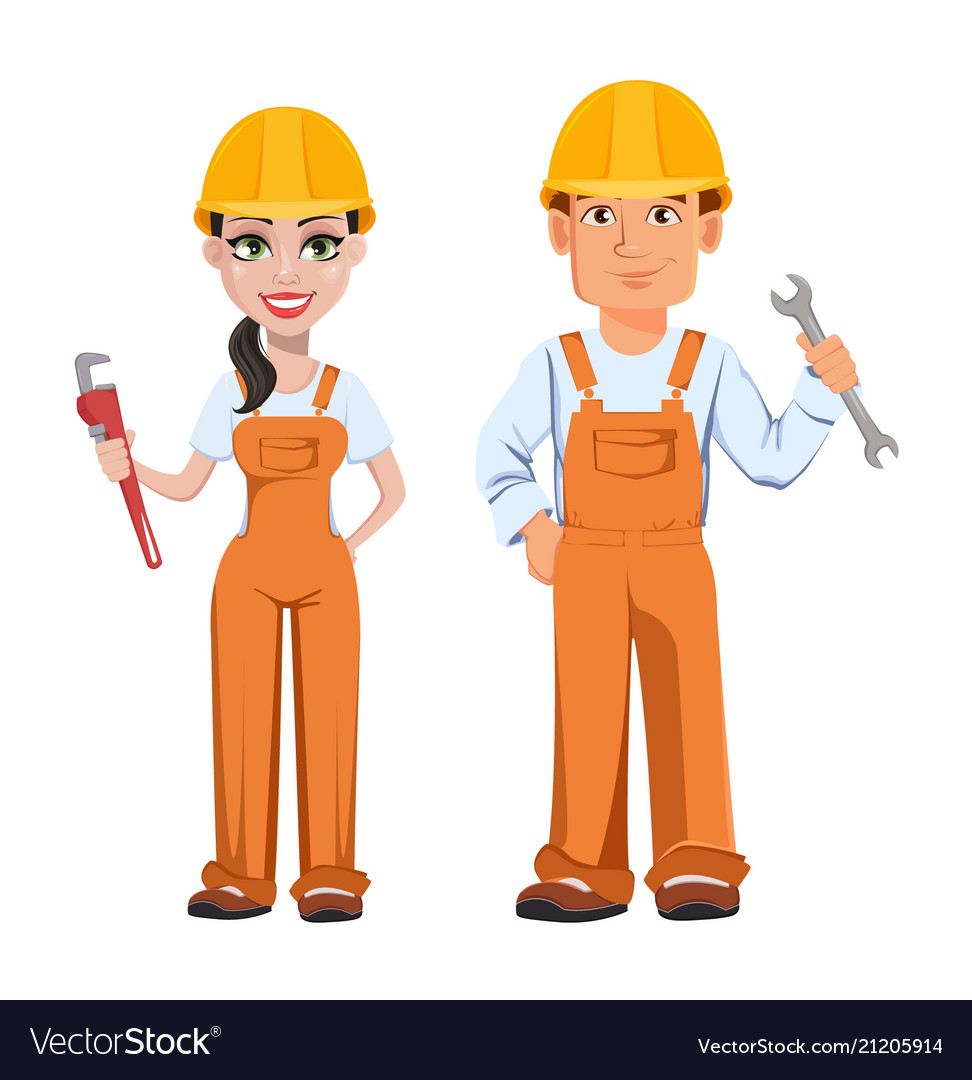 Builder man and woman in uniform Royalty Free Vector Image