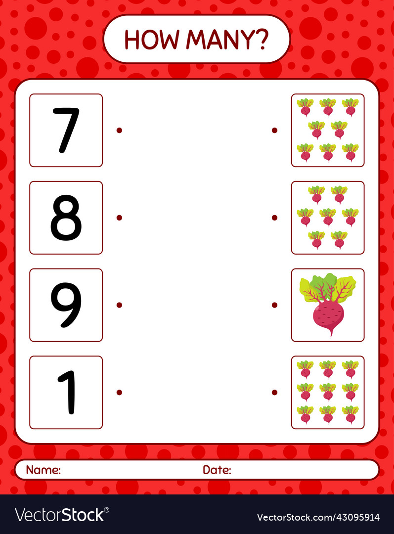 How many counting game with beet root worksheet vector image How many counting game with beet root worksheet