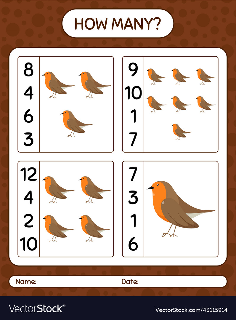 How many counting game with robin bird worksheet Vector Image How many counting game with robin bird worksheet