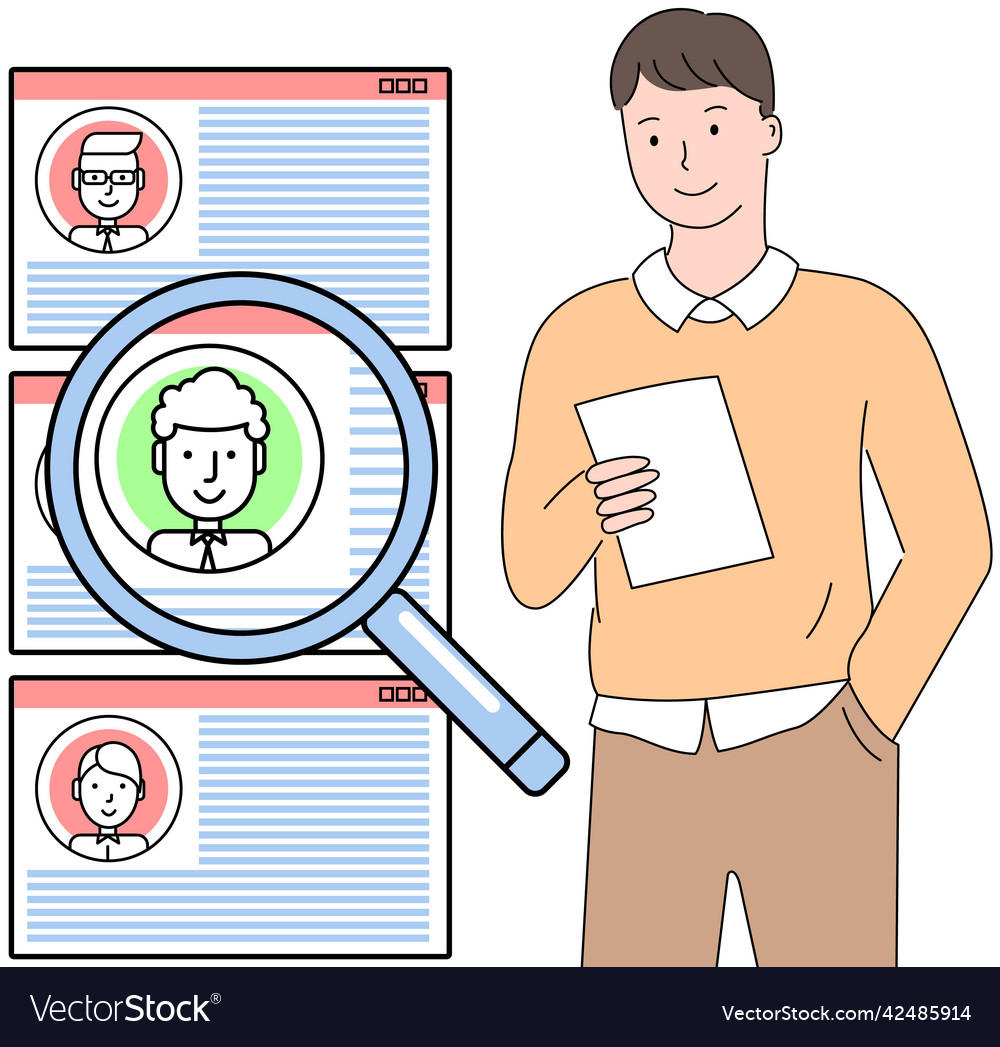 Man analysing user profiles accounts vector image Man analysing user profiles accounts