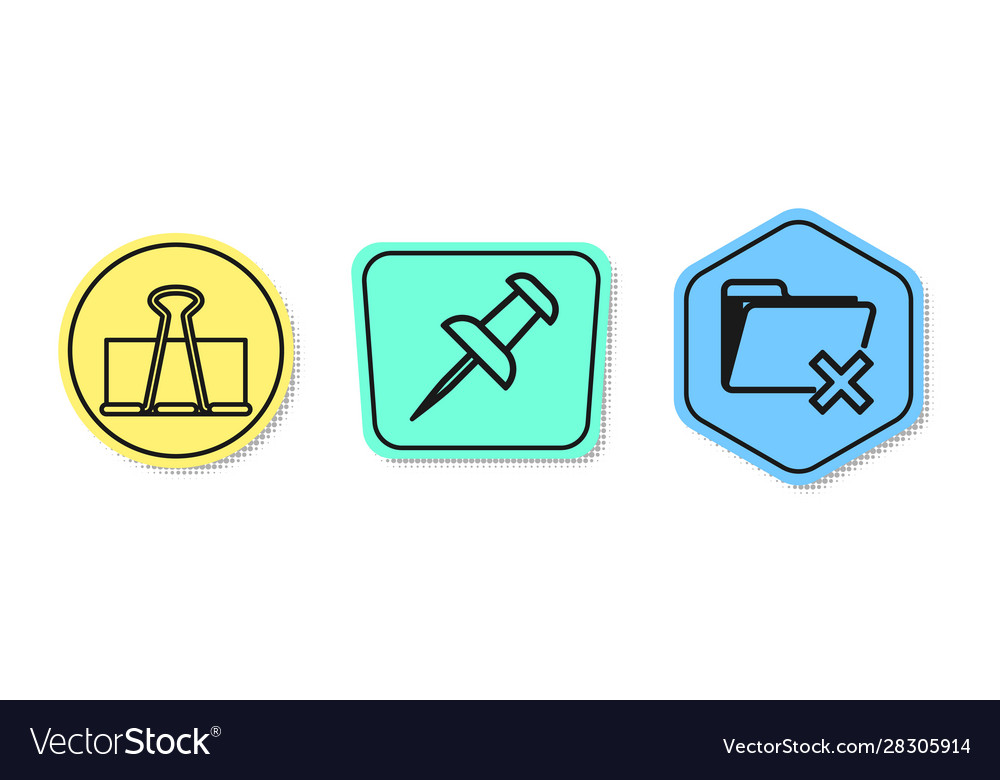 Set line binder clip push pin and delete folder vector image Set line binder clip push pin and delete folder