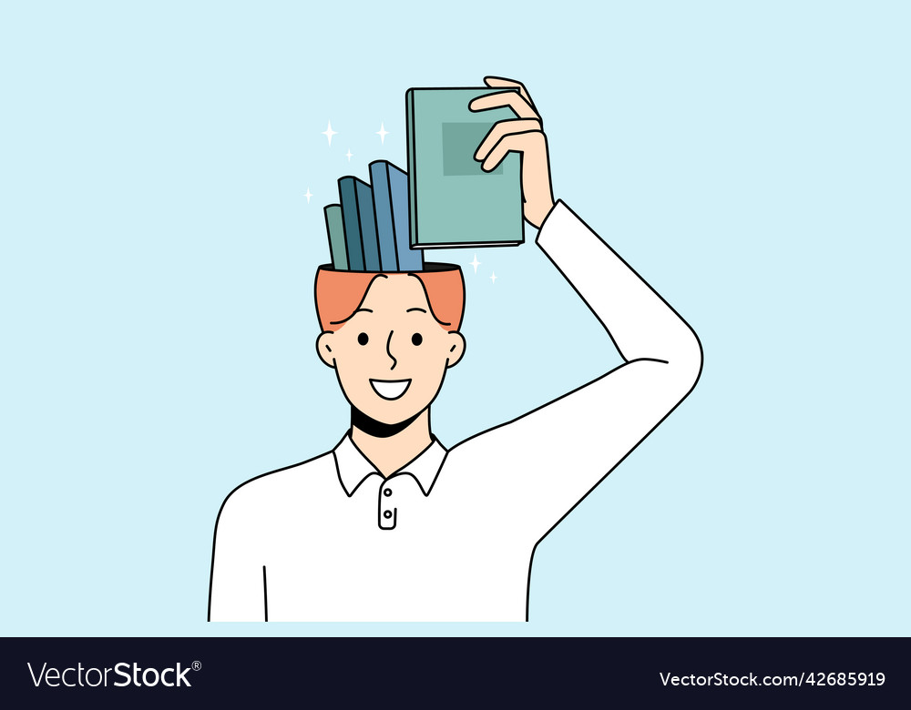 Smiling man take book from head Royalty Free Vector Image