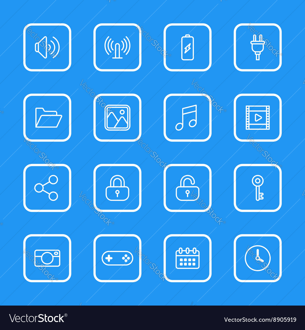 White line web icon set rounded rectangle frame