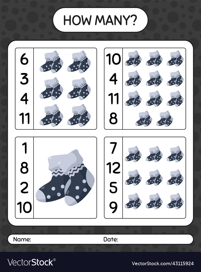How many counting game with sock worksheet vector image How many counting game with sock worksheet