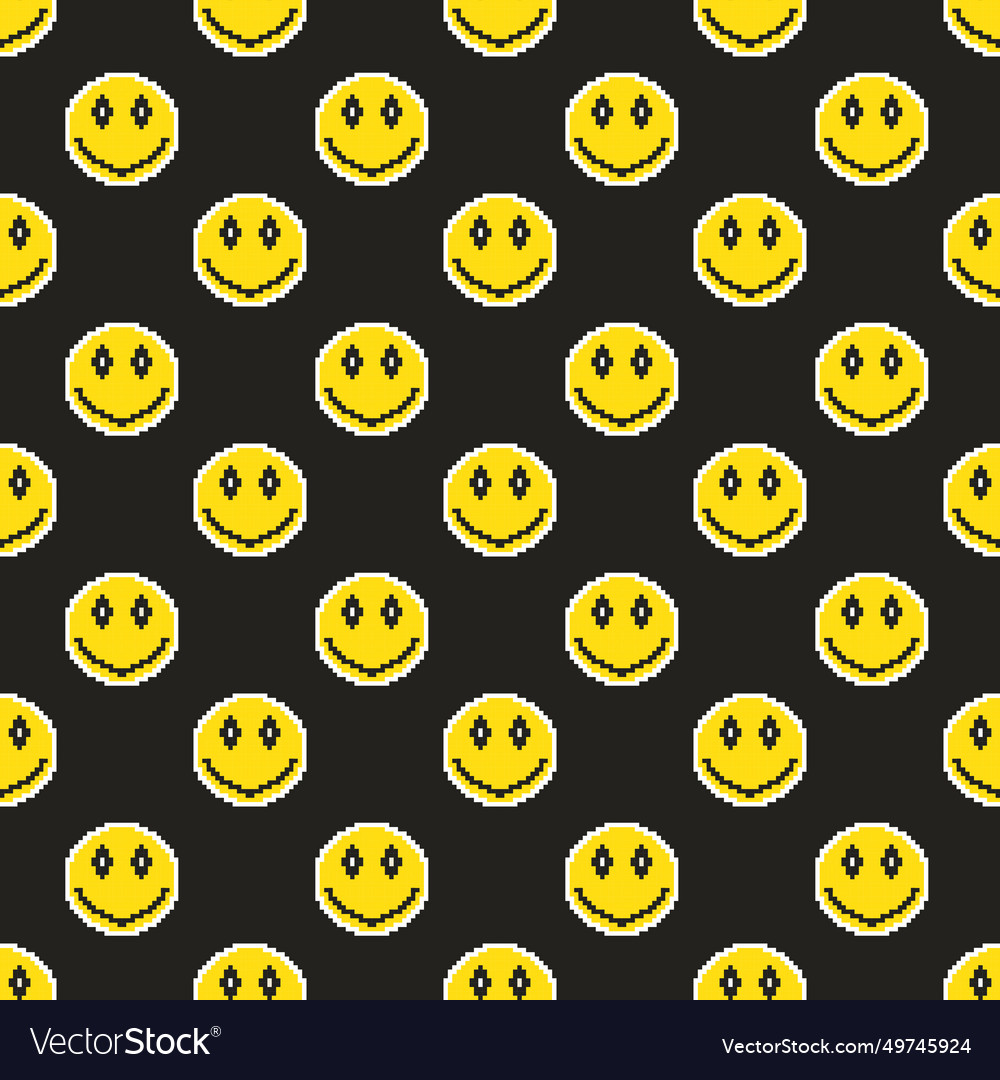 Seamless pattern with pixel yellow smile in trendy