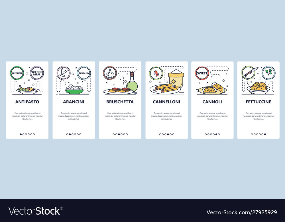 Mobile app onboarding screens intalian food