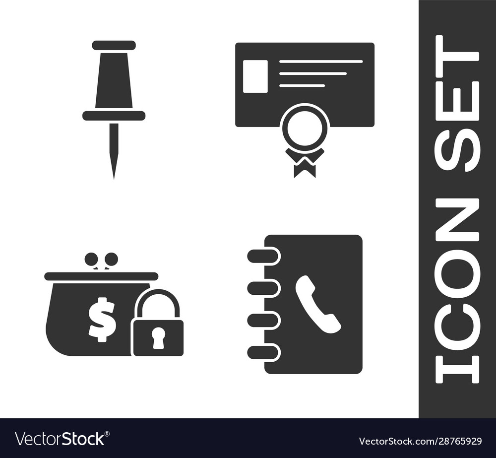 Set address book push pin closed wallet with lock vector image Set address book push pin closed wallet with lock