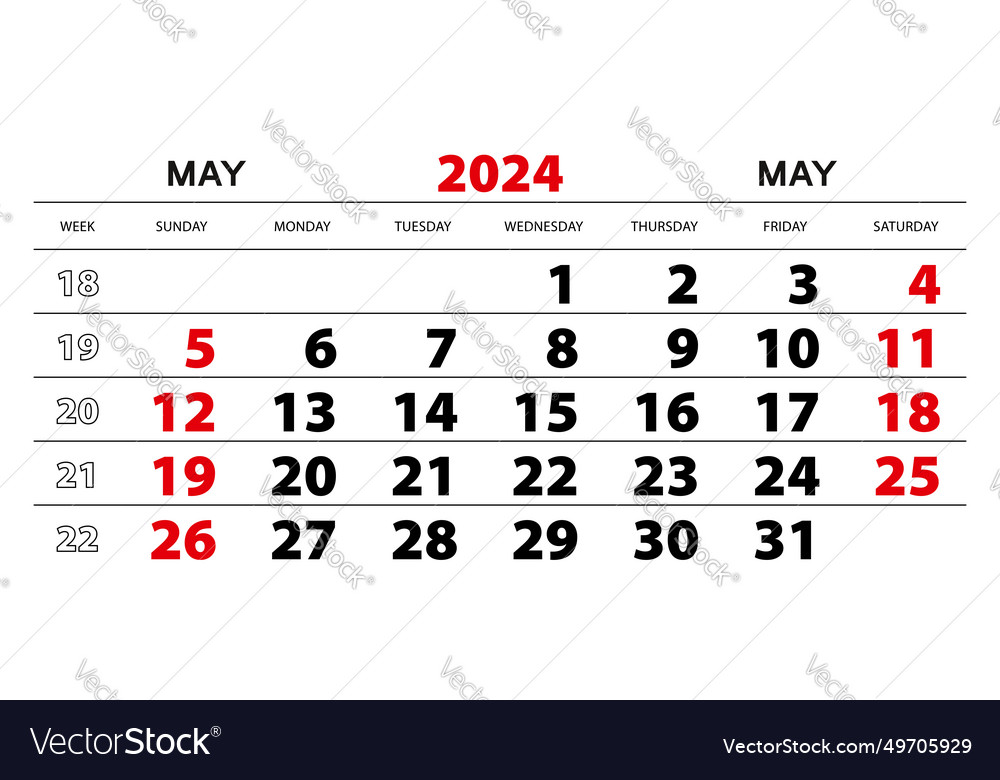 Wall calendar 2024 for may week start from sunday