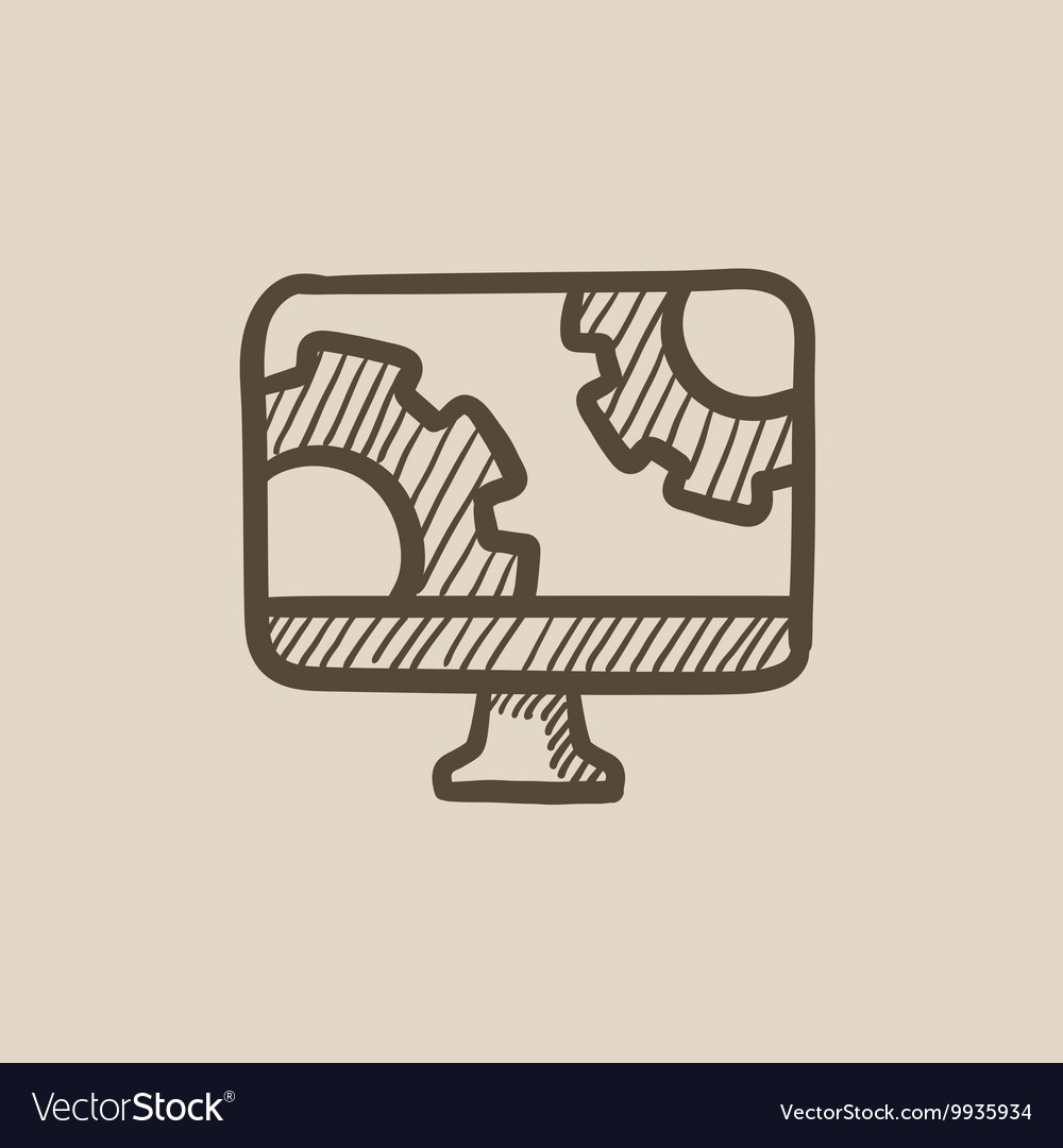 Computer monitor with gears sketch icon