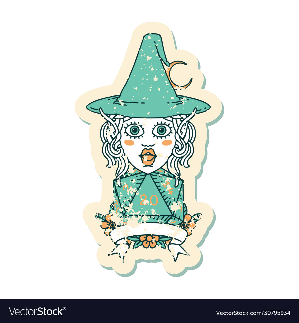 Elf mage character with natural twenty dice roll