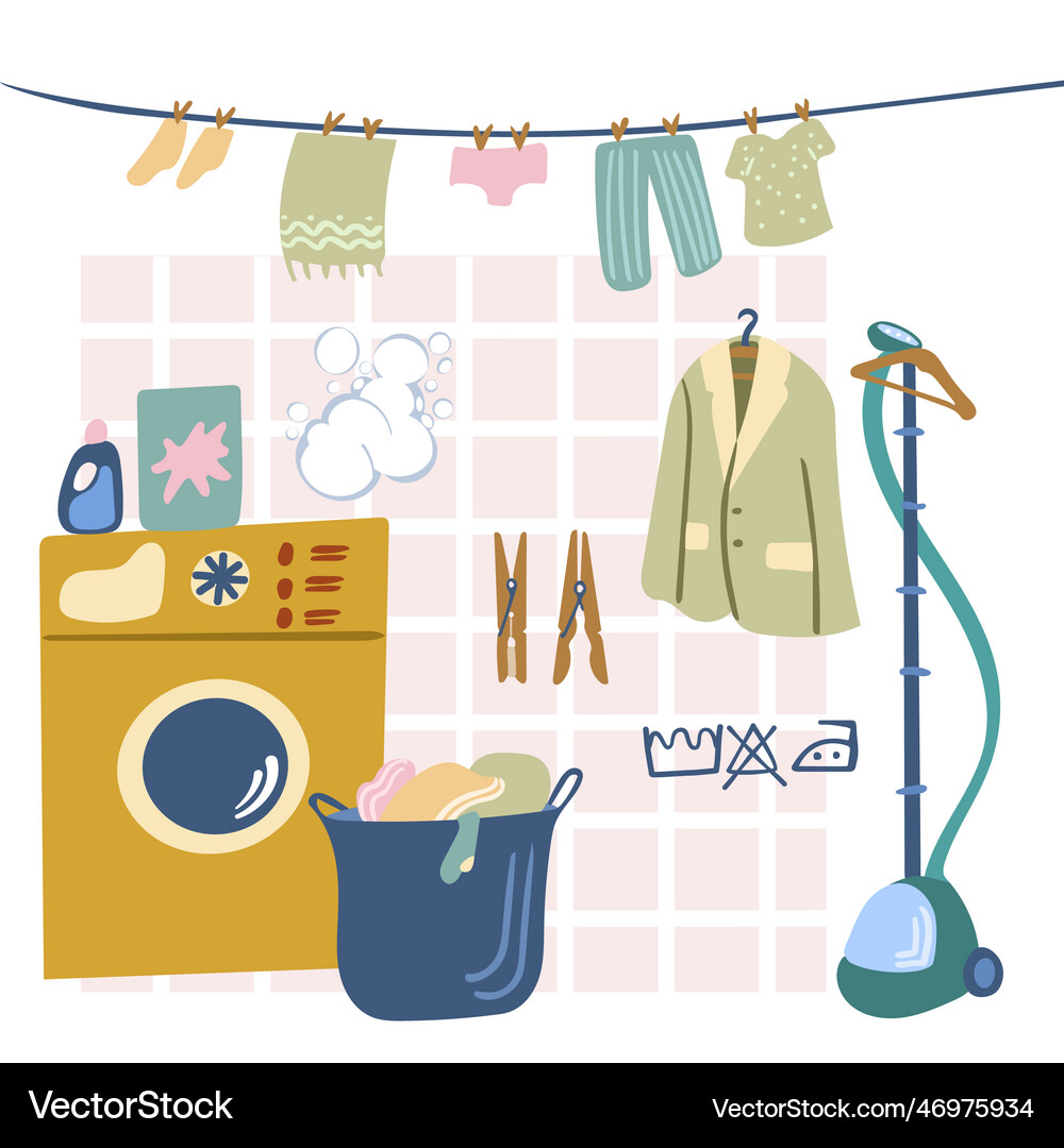 Home laundry washing machine and clothesline Vector Image
