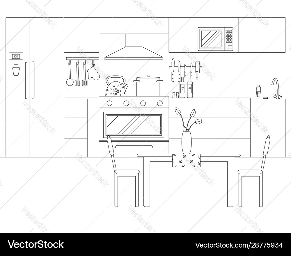 Kitchen in line art style Royalty Free Vector Image