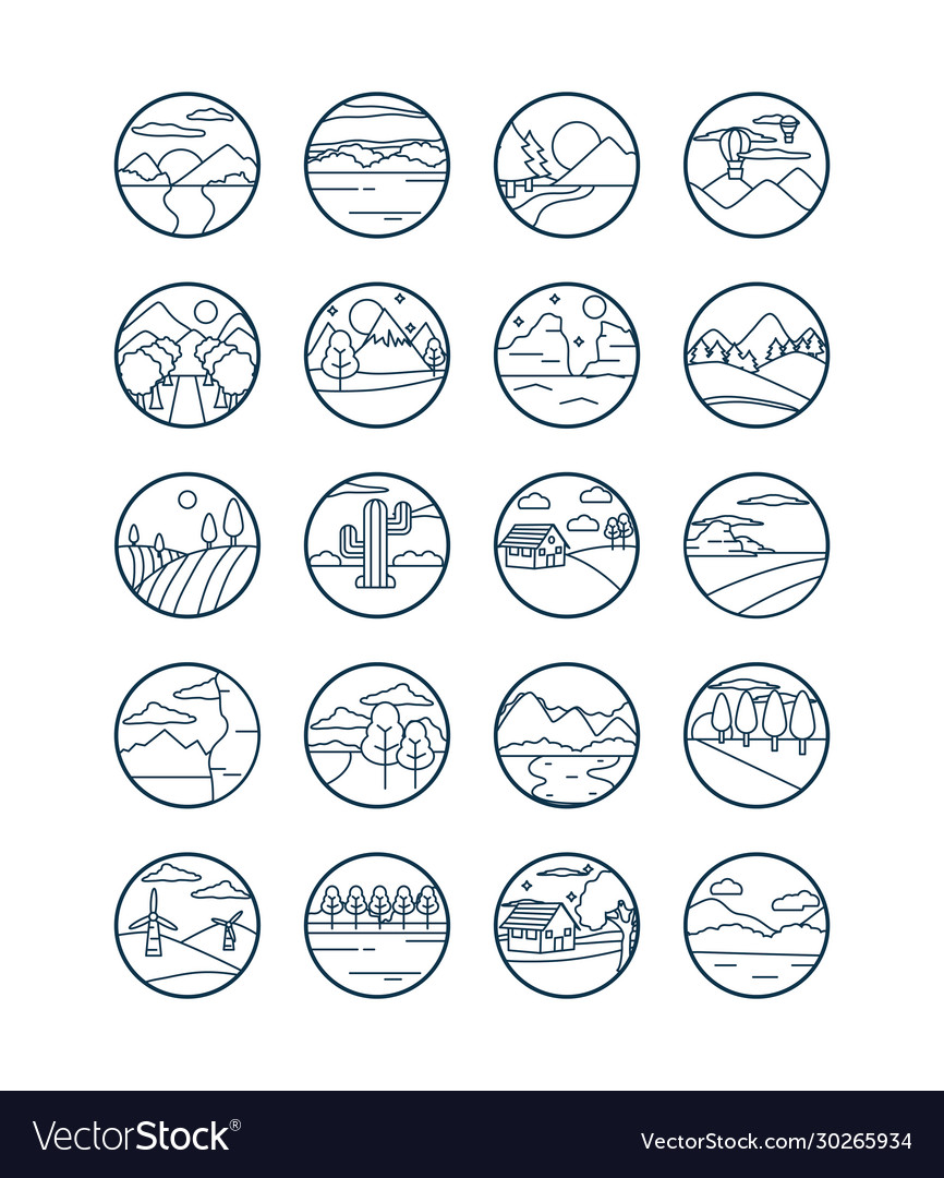 Landscapes line style icon set design