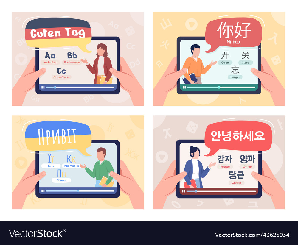 Learning languages online flat color set Vector Image Learning languages online flat color set