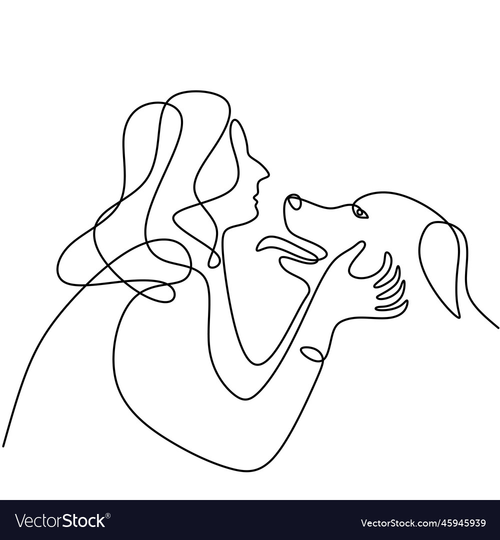 Continuous line drawing of woman happy pet lover