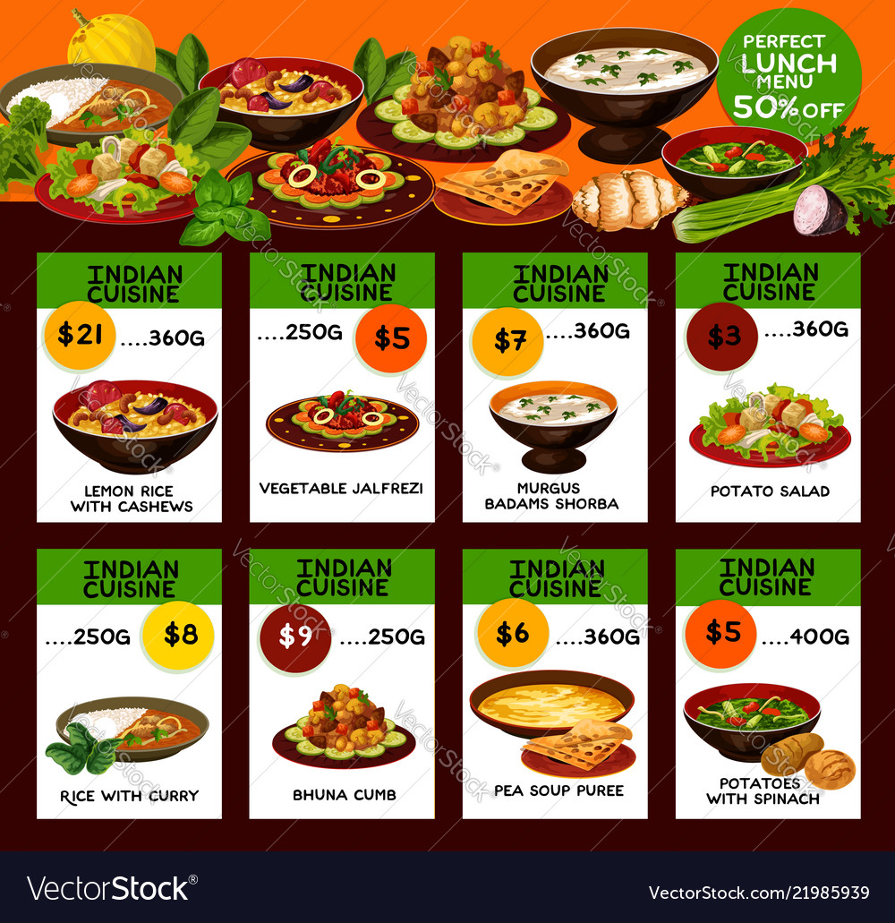 Indian Cuisine Menu With National Dishes Vector Image
