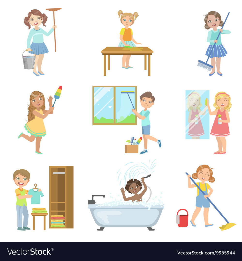 Children helping with spring cleaning Royalty Free Vector