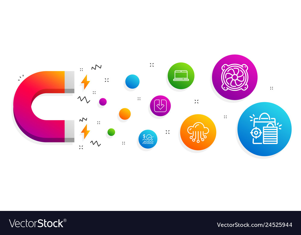 Cloud storage notebook and computer fan icons set