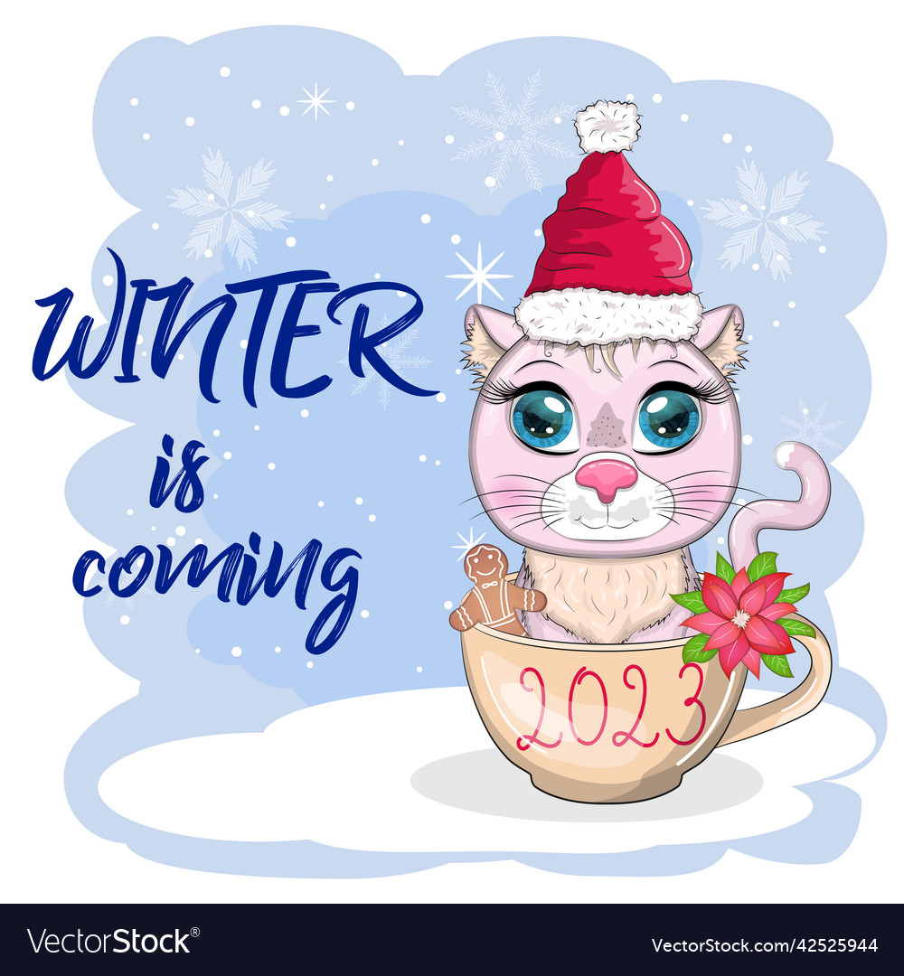 Cute cartoon cat in a santa hat on background