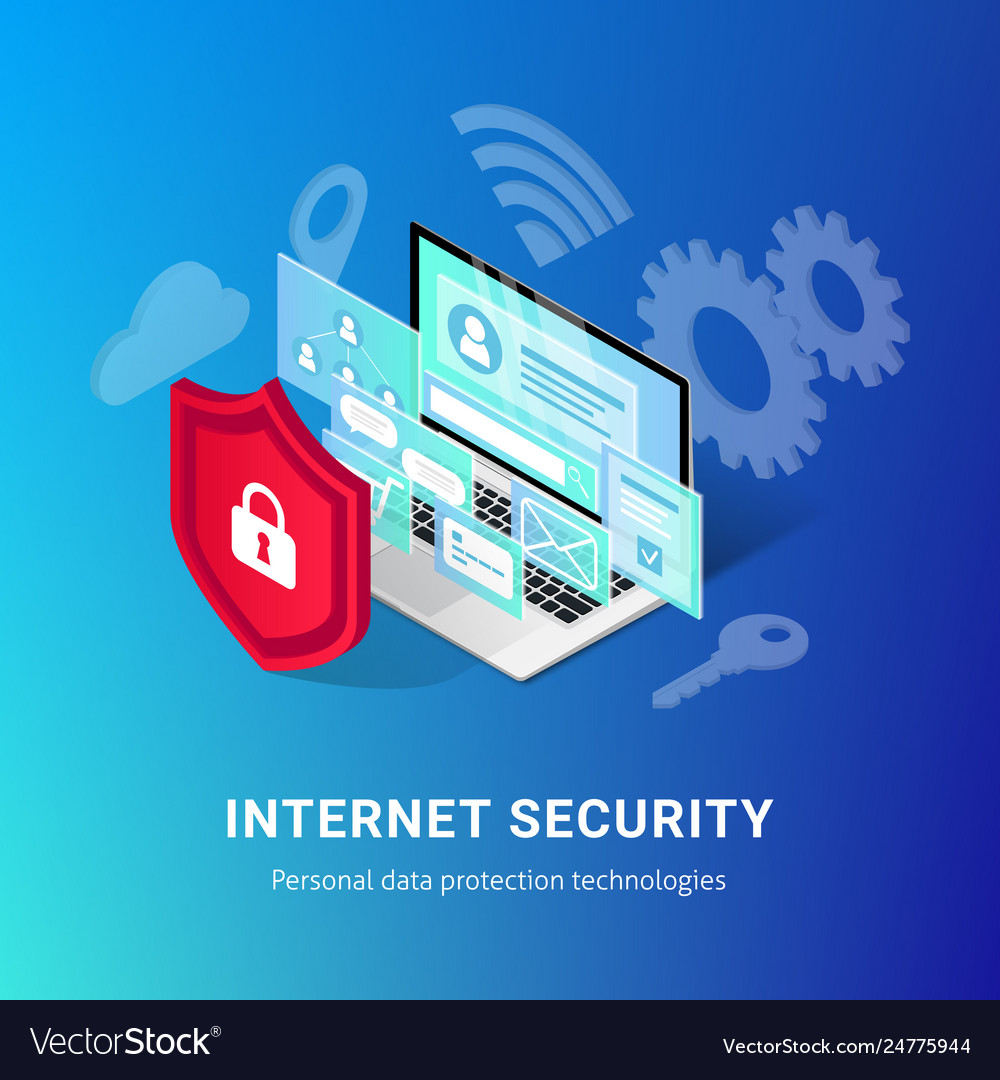 Isometric internet security banner blue Royalty Free Vector