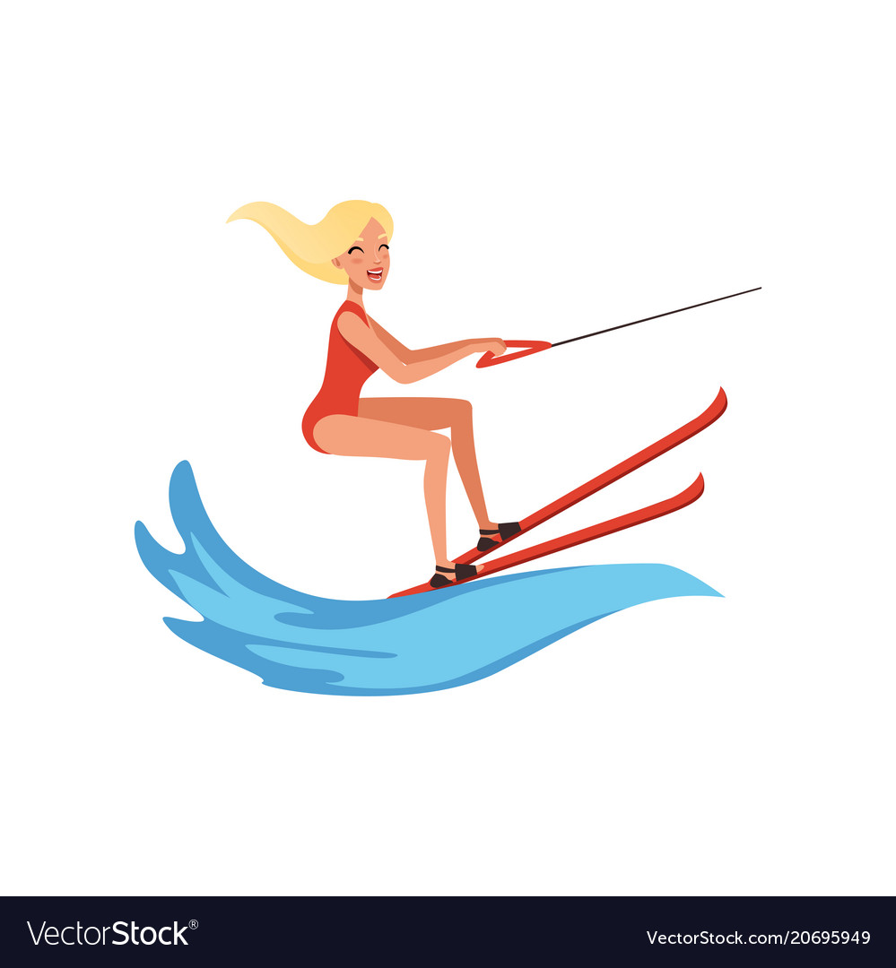 Blonde woman in red swimsuit riding waterski