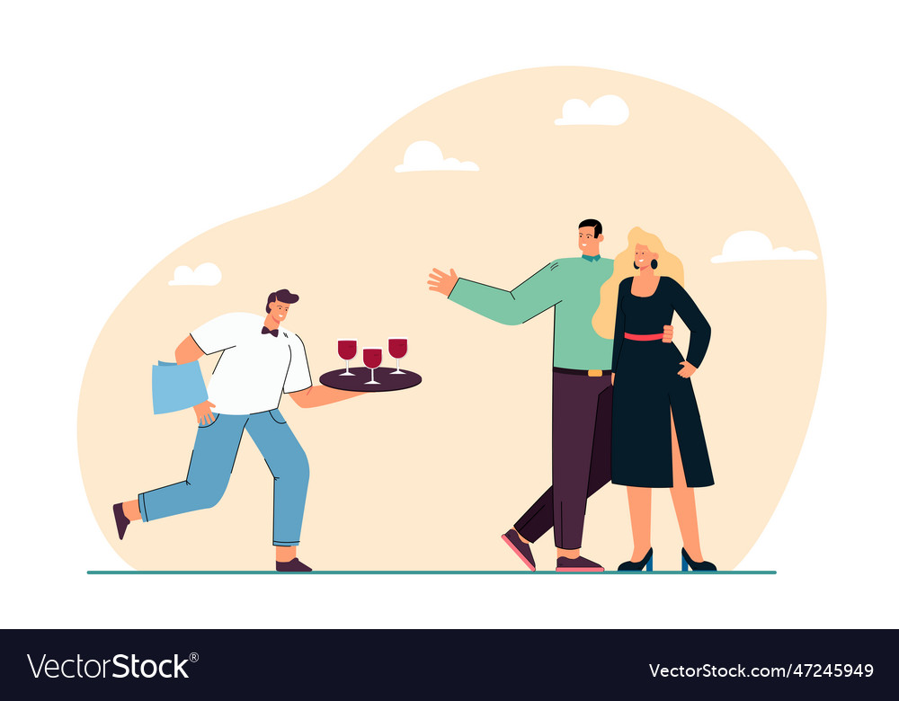 Cartoon waiter offering wine to couple in formal