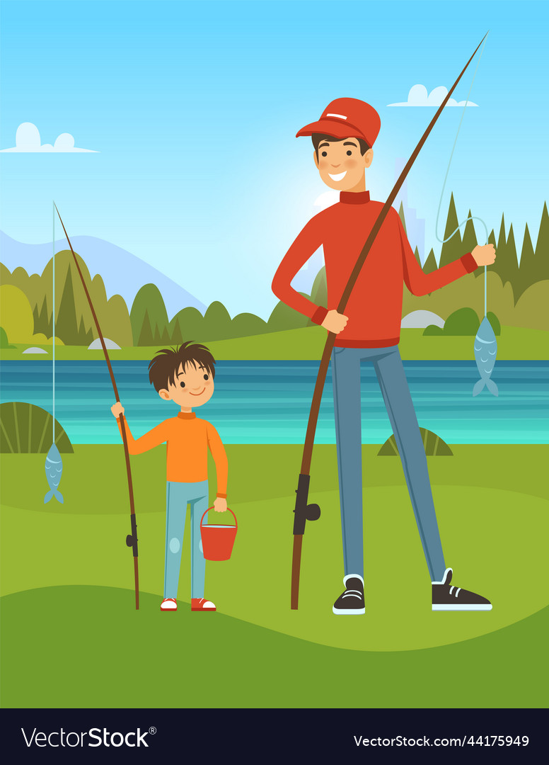 Family fishing son and father outdoor fishing Vector Image