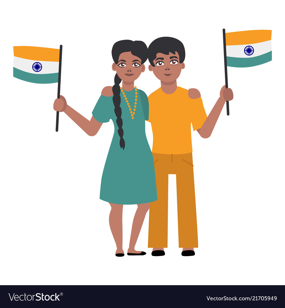 Flat indian young couple holding national flag Vector Image