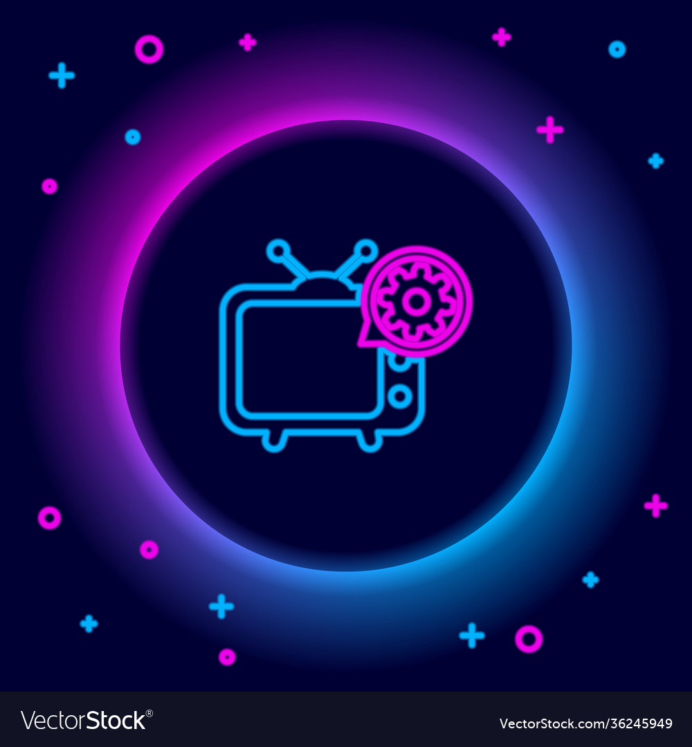 Glowing neon line tv and gear icon isolated