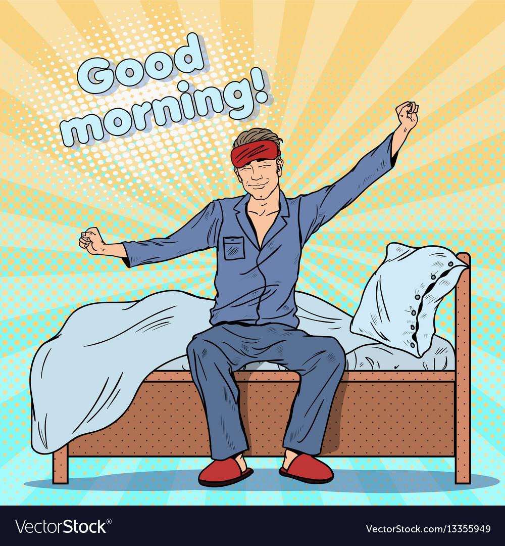 Pop art man stretching on bed after waking up Vector Image