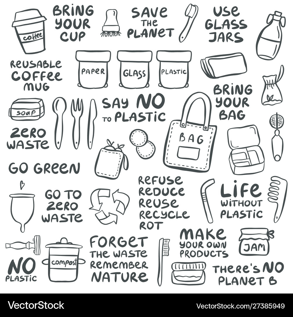 Set hand drawn elements zero waste life Royalty Free Vector