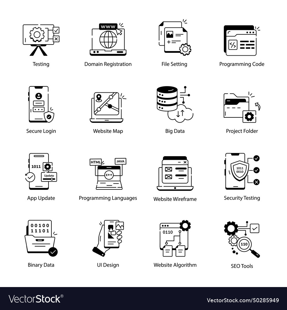 Set of 16 web development linear icons