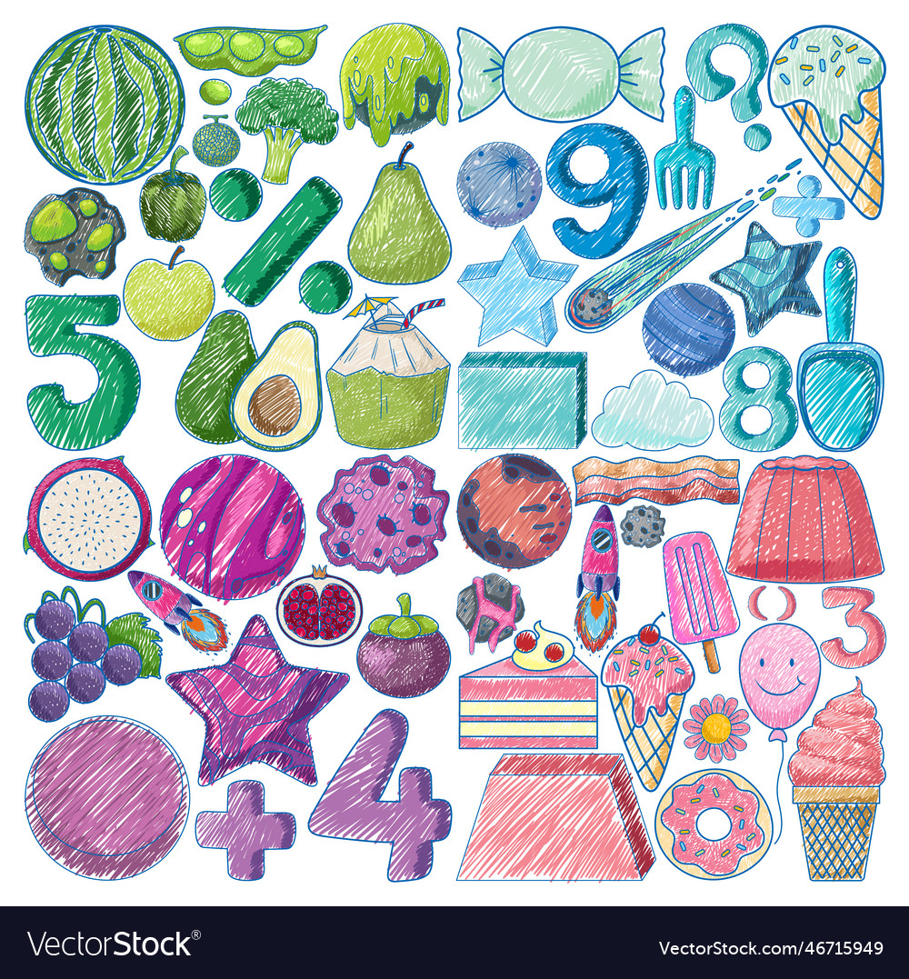 Set of various objects in pencil colour sketch