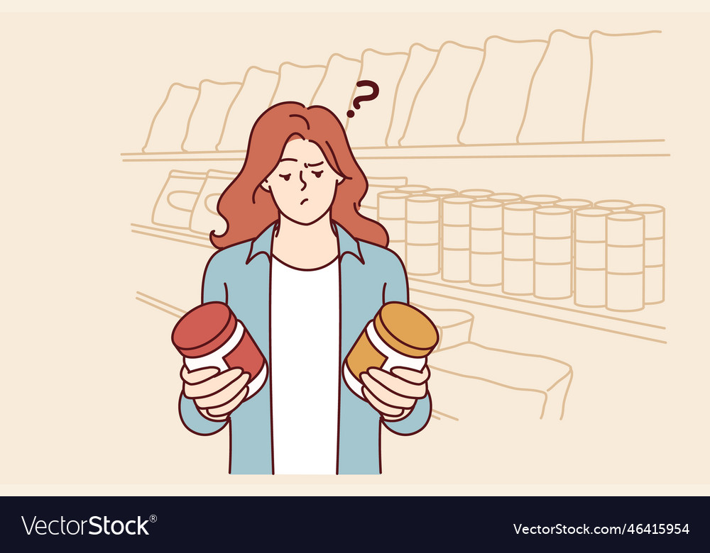 Doubting woman standing in grocery store with two