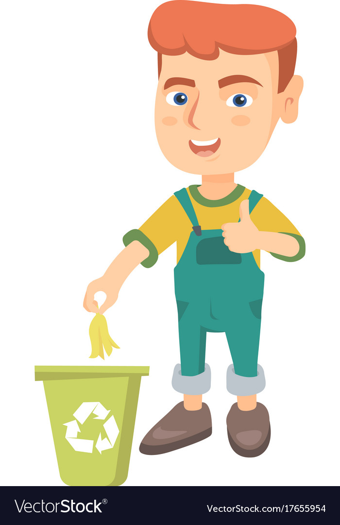 Little boy throwing banana peel in recycling bin Vector Image