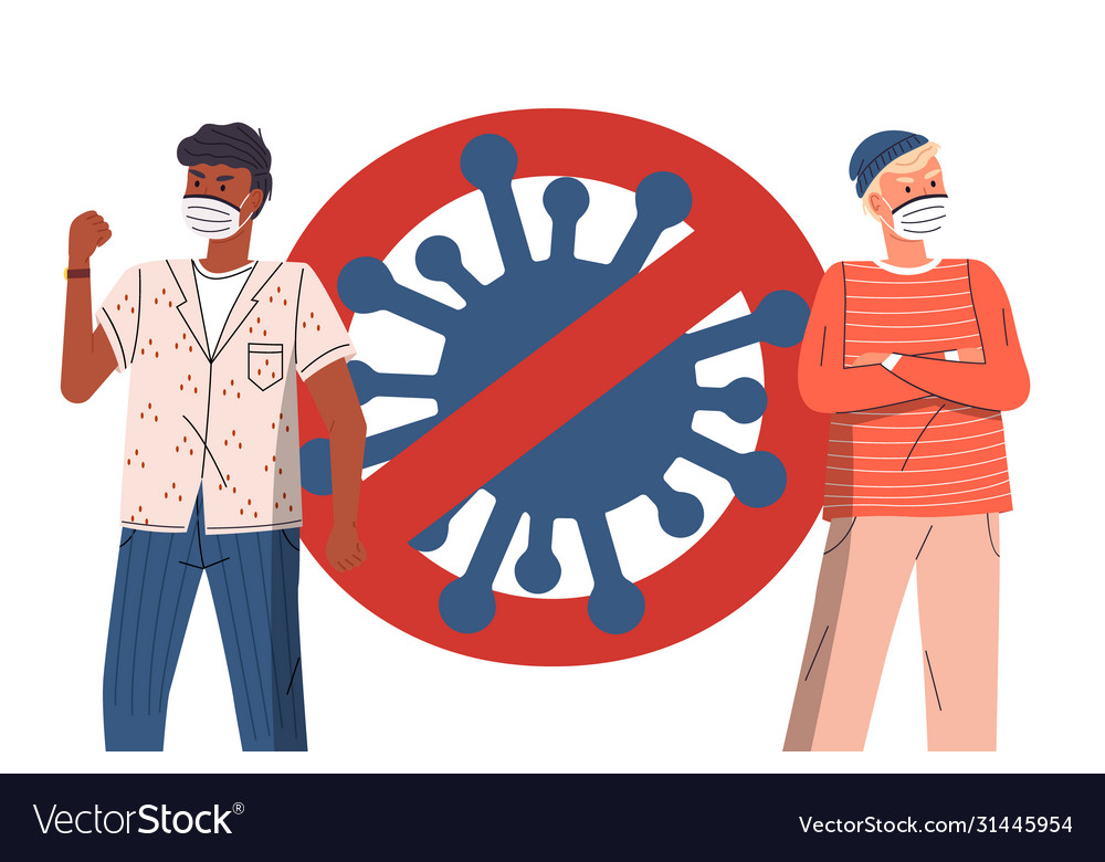 Men in medical masks against crossed out sign