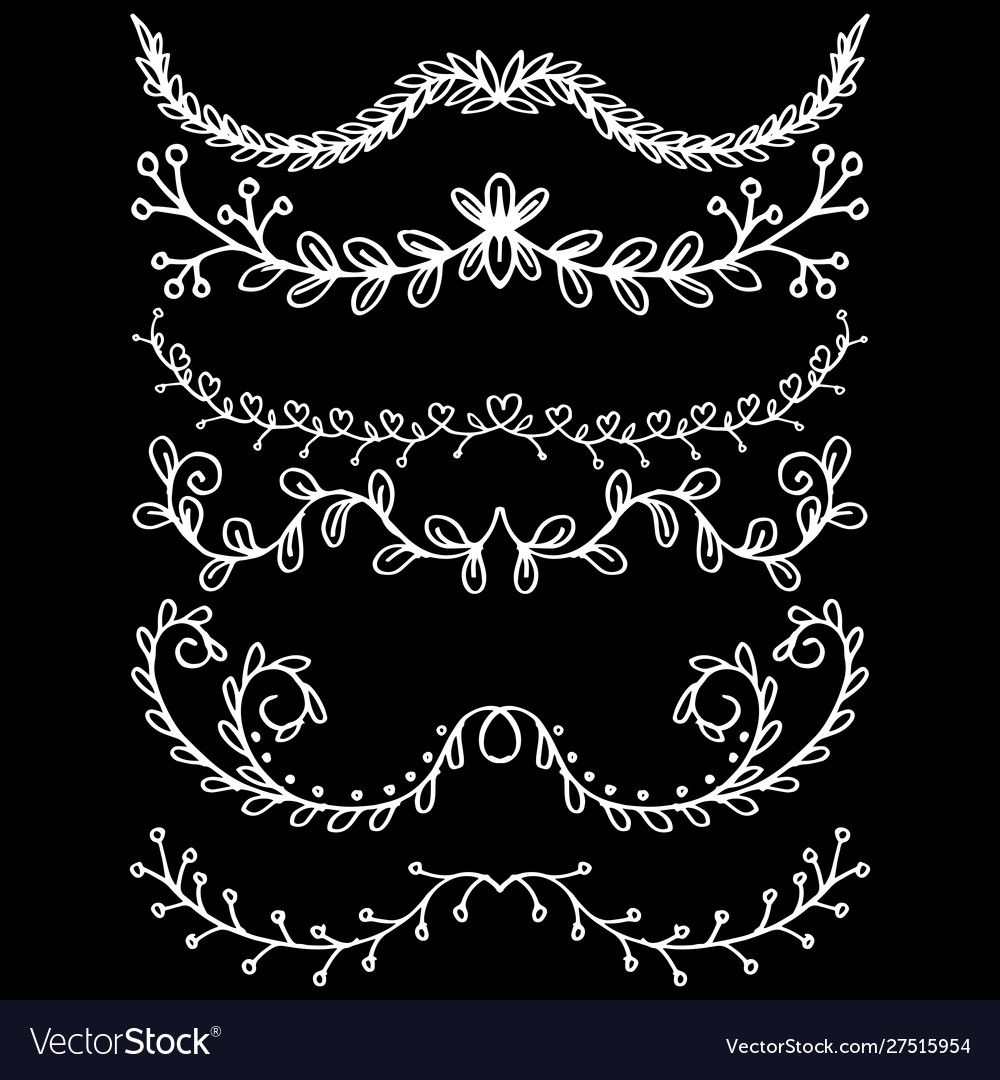 Set floral hand drawn dividers on a black vector image Set floral hand drawn dividers on a black