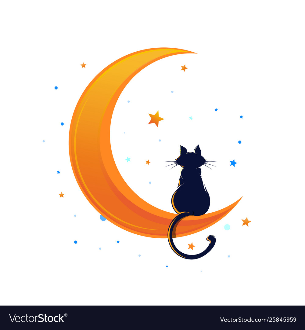 Cat Sitting On A Crescent Moon Surrounded Stars Vector Image