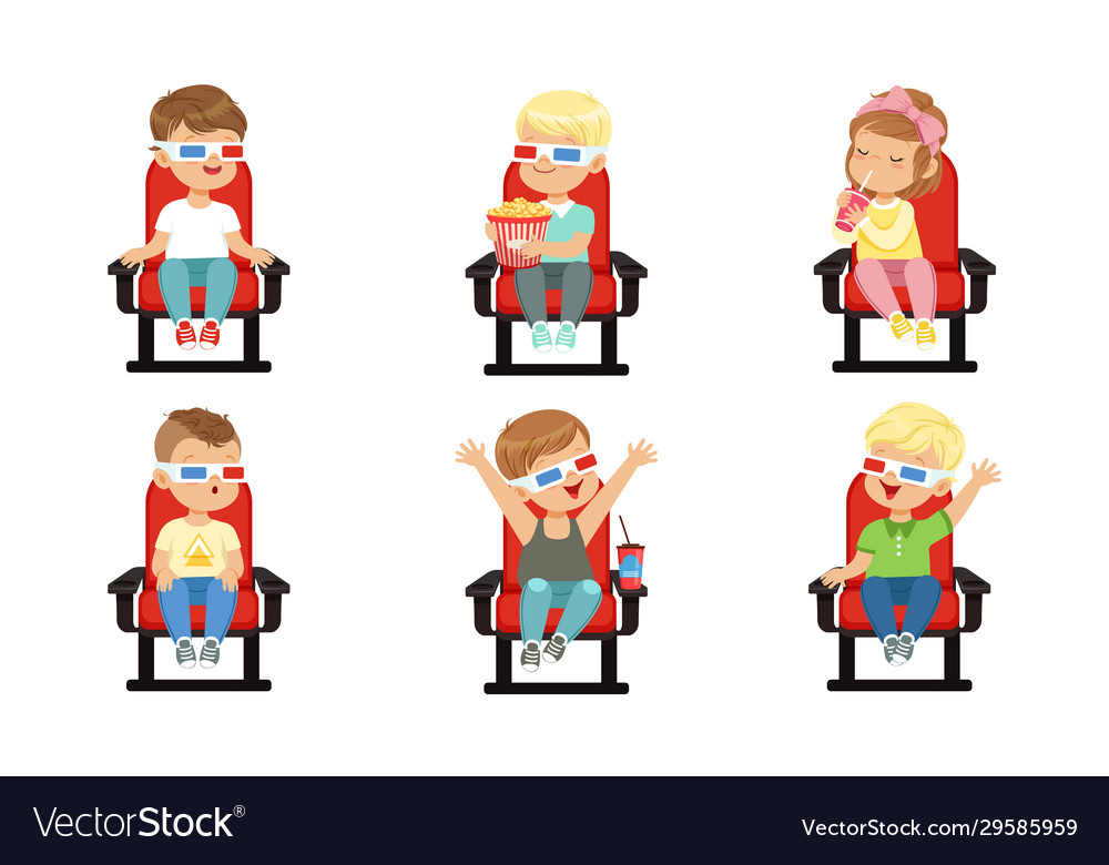 Cute Kids Watching Movie With 3d Glasses While Vector Image