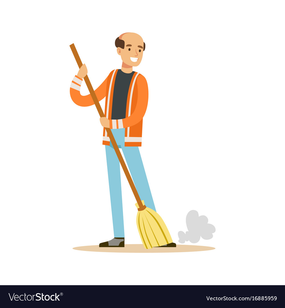 Smiling mature street sweeper at work Royalty Free Vector