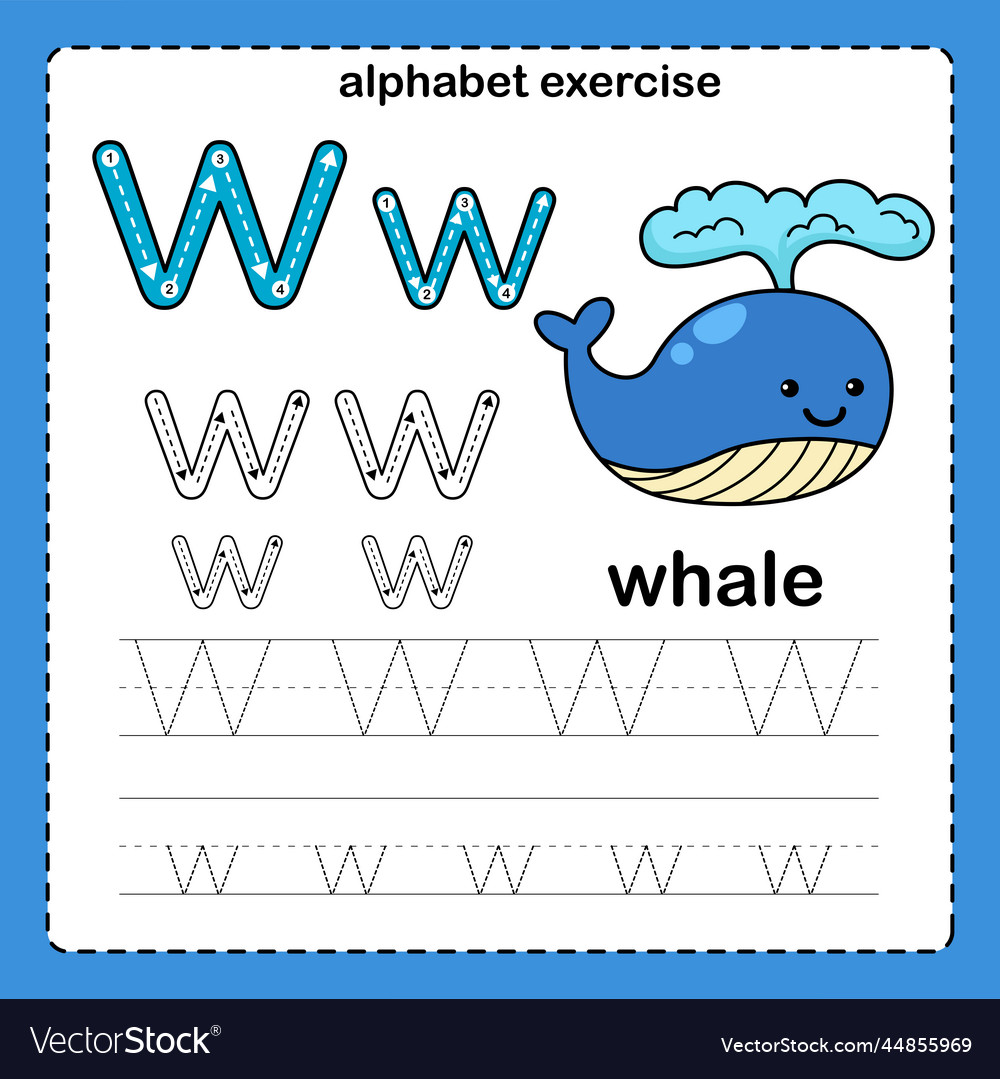 Alphabet letter w - whale exercise with cartoon vector image Alphabet letter w - whale exercise with cartoon