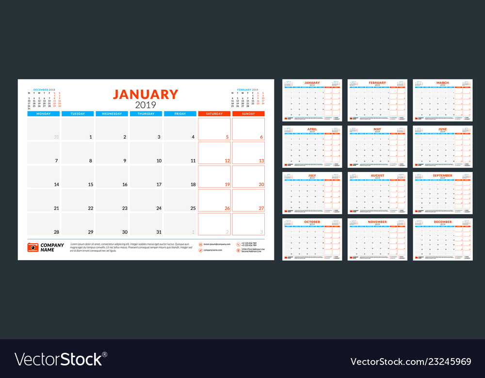 Calendar planner for 2019 year week starts vector image Calendar planner for 2019 year week starts
